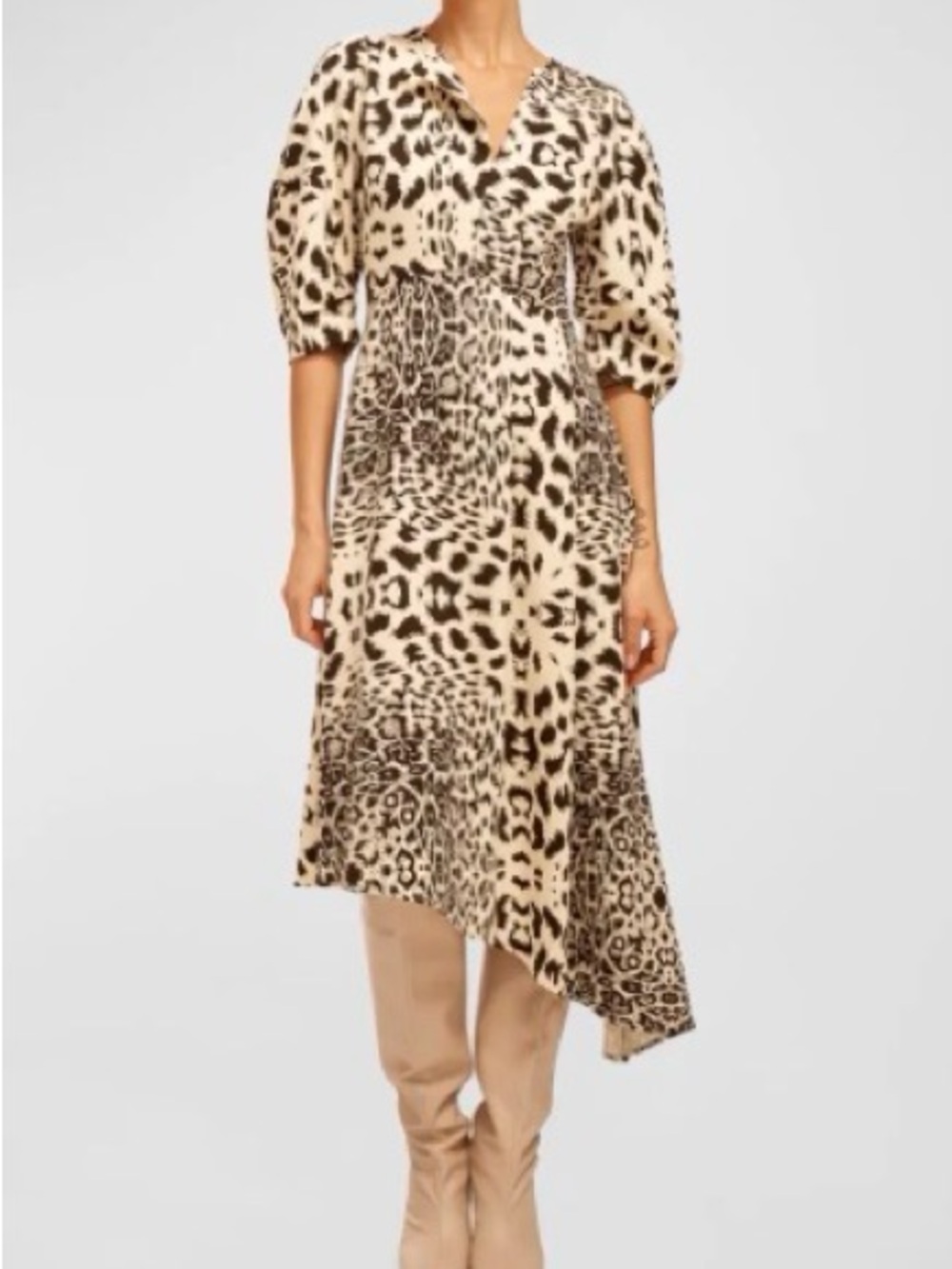Equipment “Talia” Asymmetrical  Leopard Dress, Crepe - Beige/Black, Size US 8
